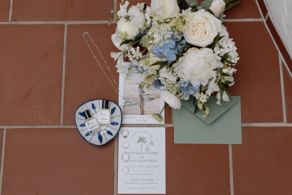 Coastal wedding details flat lay inspo for a Southern California wedding
