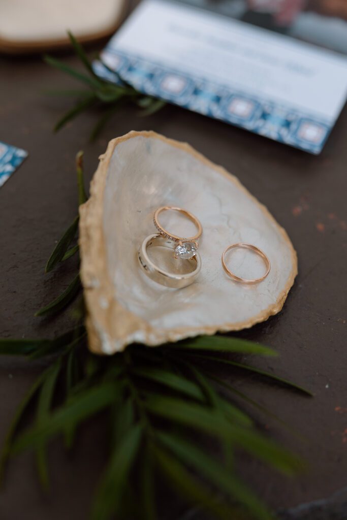 Oyster ring dish for wedding day flat lay photography