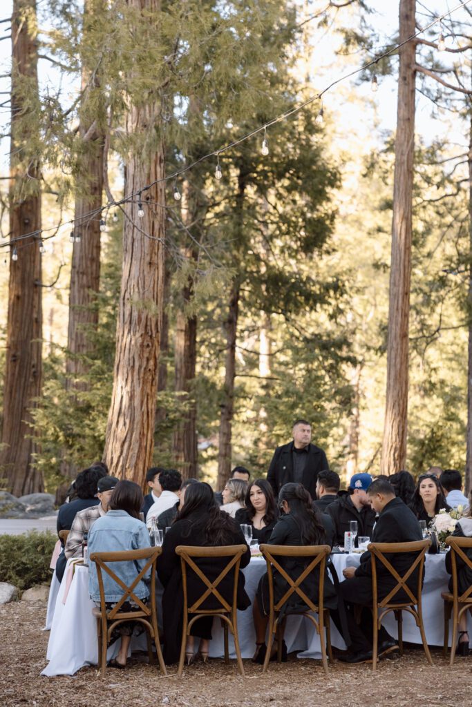 Guests gather at banquet tables below towering redwood trees during an outdoor wedding reception in California.