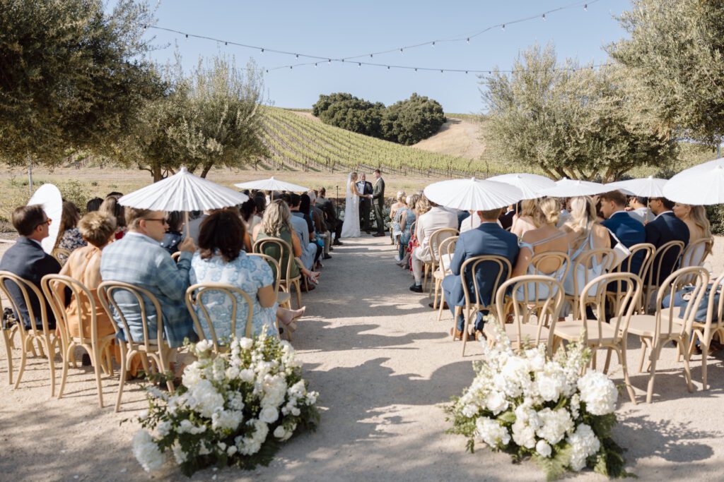 Guests demonstrate how to 'beat the heat' by using parasols during a warm Summer wedding in Southern California.