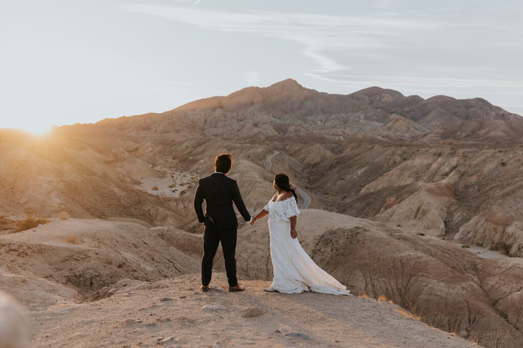 Bride and groom holding hands outside and looking off in the distance as the sun sets behind the hills of the Anza Borrego desert