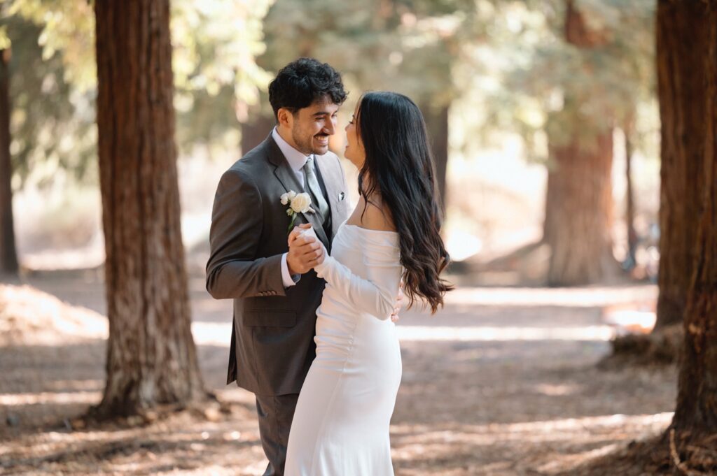 Wedding photos at a Carbon Canyon redwood grove elopement.