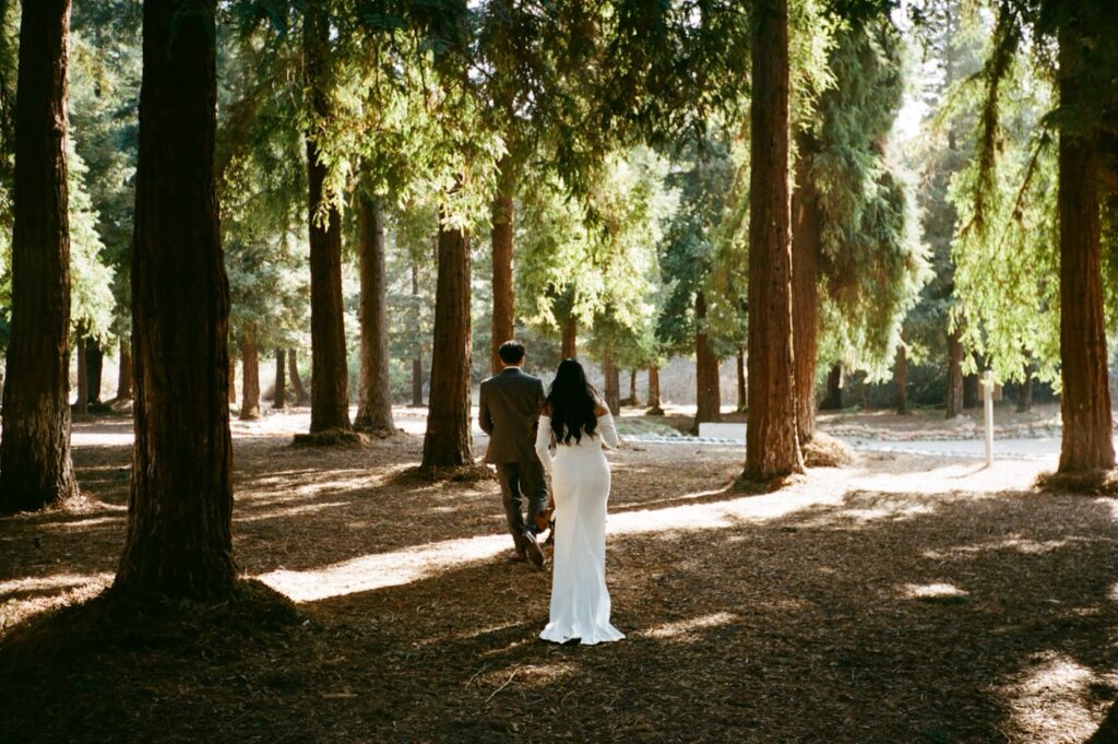 Film wedding photos at Carbon Canyon Brea redwood grove elopement.